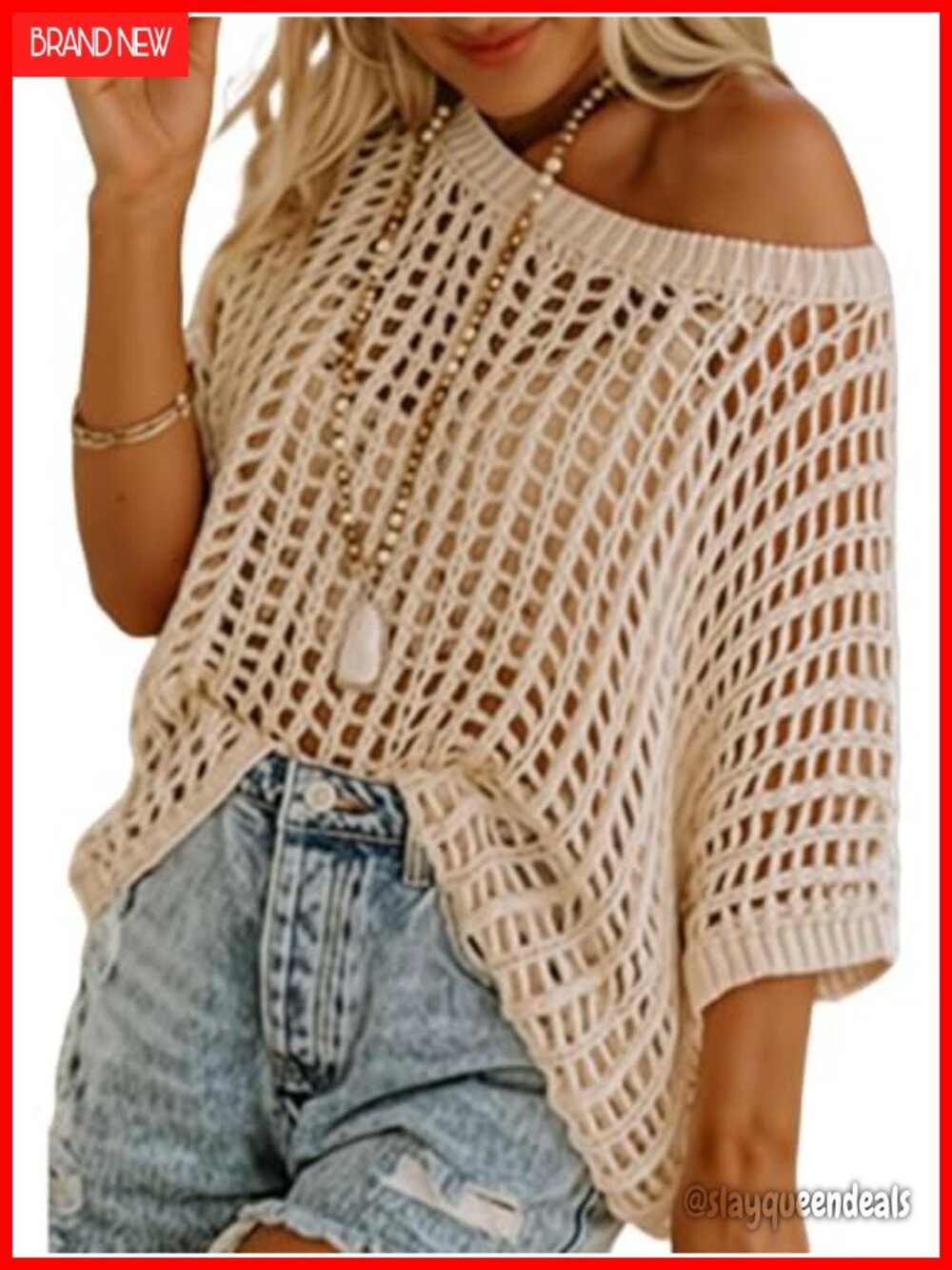 Crochet Off Shoulder Beach Coverup Swimsuit Oversized Summer Top
